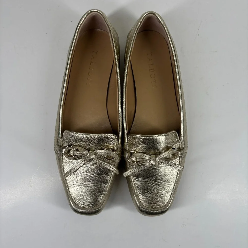 Talbots Women's US 7M Metallic Gold Leather Bow Tie Slip-On Loafers‎ Flats Shoes